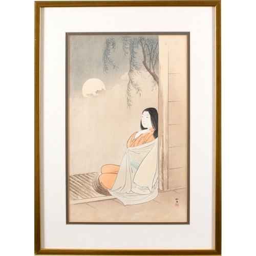 441 - Two Japanese Showa period, woodblock prints,  a study of girl in moonlight, 40.5 x 25.5cm, study of ... 