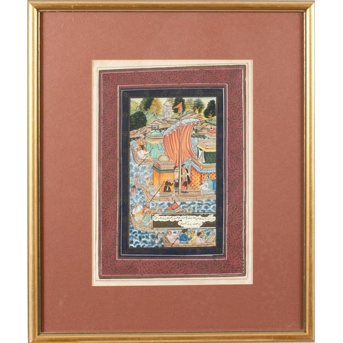 448 - A Mughal watercolour depicting a king under a canopy in a garden setting, 34 x 25cm together with a ... 