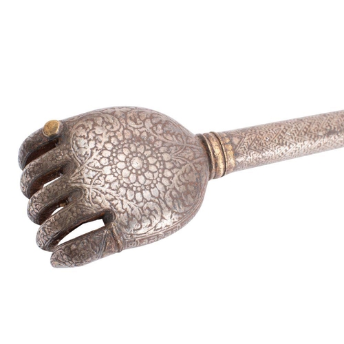 465 - An Indian steel and damascened back scratcher in the form of a hand on a steel shaft with coned pomm... 