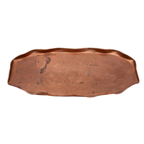 511 - A Newlyn style copper serving tray of rectangular form with incised fish and seaweed decoration, 56.... 