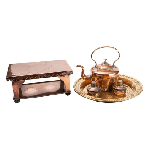 513 - A selection of domestic metalwares including;- a trivet, a warming pan,a kettle, stand and two burne... 