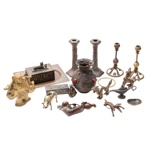 515 - A collection of assorted brass and metalwares, includes Chinese figures, Egyptianesque box, candlest... 