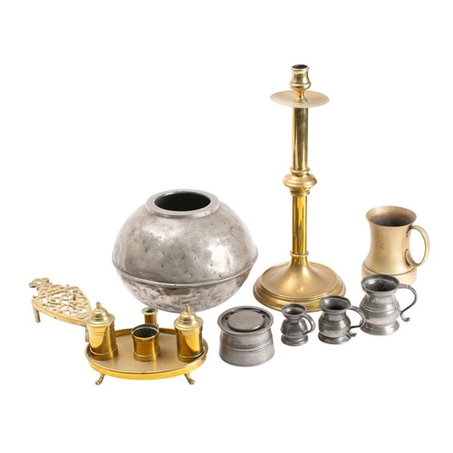 517 - A small quantity of 19th century domestic metalwares including;- a standish, a trivet, three pewter ... 