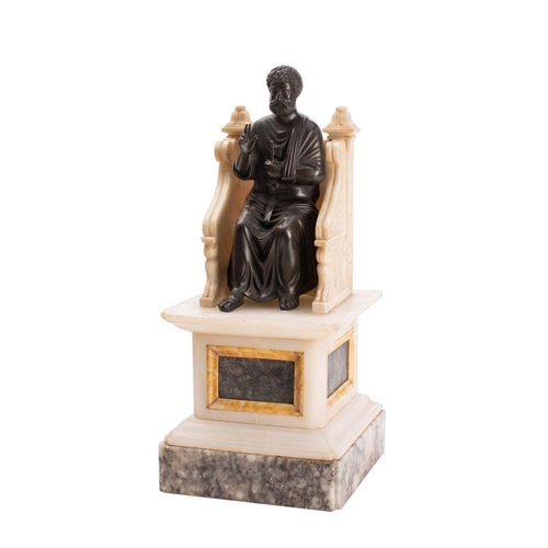 565 - A 19th century bronze figure of St Peter seated on an alabaster throne, on a square marble base, 45.... 