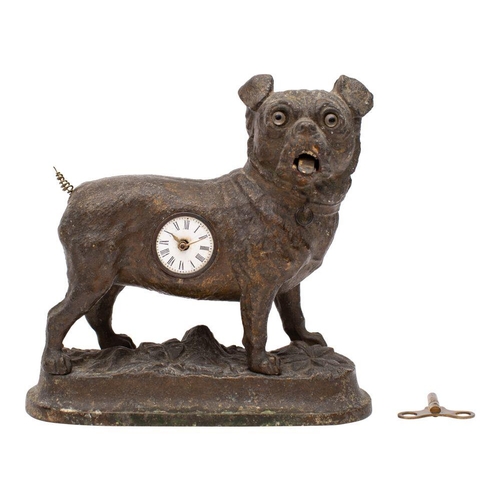 643 - An unusual Victorian automata cast metal dog with inset watch the round white enamel dial having bla... 