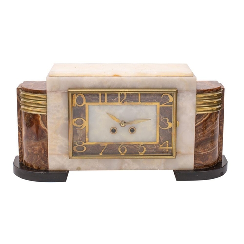 655 - A marble Art Deco mantel clock,  the eight-day duration movement striking the hours and half-hours o... 