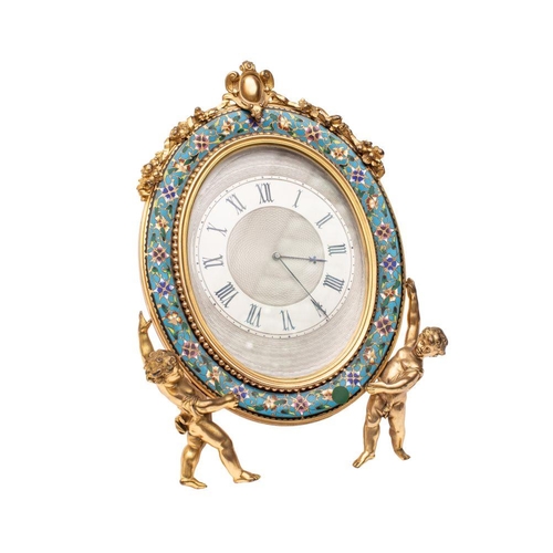 657 - A champlevé enamel easel mantel timepiece,  the eight-day duration timepiece movement having a lever... 