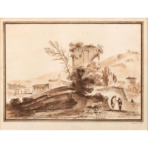 707 - James Basire (1730-1802) after Guercino  Figures and ruins in a clearing; wanderers admiring ruins; ... 