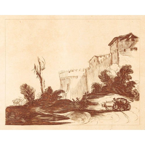 707 - James Basire (1730-1802) after Guercino  Figures and ruins in a clearing; wanderers admiring ruins; ... 