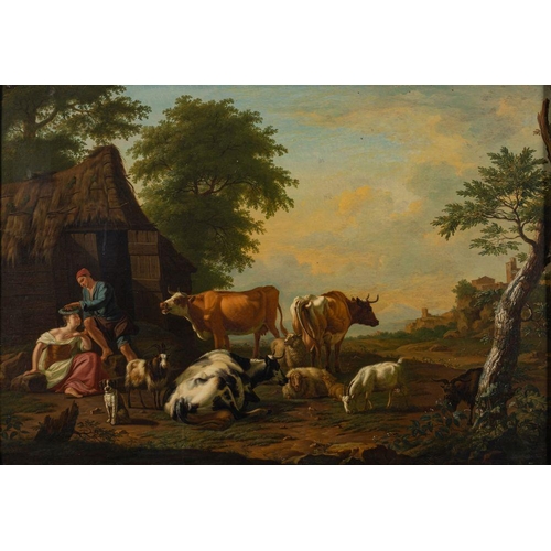 711 - Jan van Gool (Dutch, 1685-1763) Arcadian landscape with a laurel-crowned shepherdess and cattle; a d... 