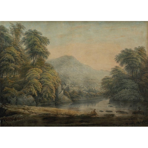 739 - Attributed to John Glover (Anglo-Australian, 1767-1849) Wooded riverbank with seated figures, a vill... 