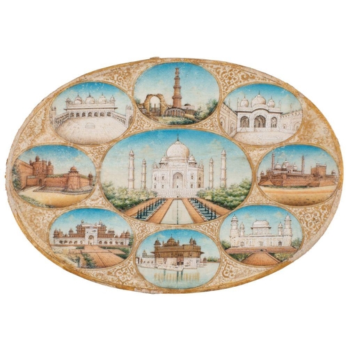 744 - Indian School (19th century) A miniature painted with nine views of Mughal monuments, including the ... 