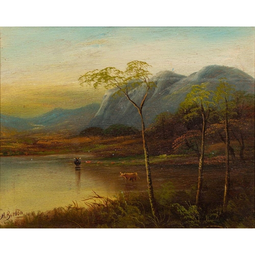 913 - H. Burton (British, 19th/20th century) An upland lake scene with highland cattle; a river landscape ... 