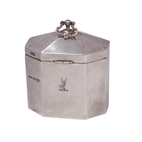 2021 - An Edward VII silver tea caddy, maker George Leonard Allen, Chester, 1905 crested, of octagonal outl... 