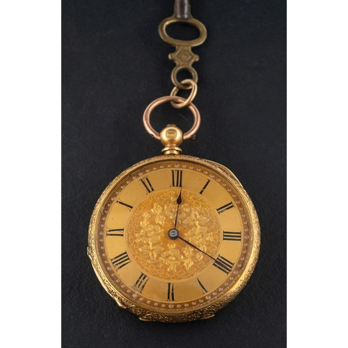 2306 - A late 19th century, 18ct gold,  key wind, pocket watch, with cylinder escapement movement, probably... 