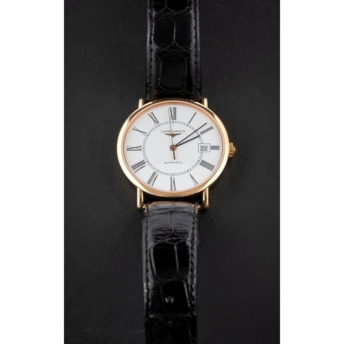 2340 - Longines, an 18ct gold gentleman's wristwatch the white dial having Roman numerals, date aperture, b... 