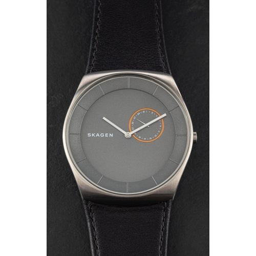 2353 - Skagen, a gentleman's wristwatch the round stainless steel case having a grey dial with hour marking... 