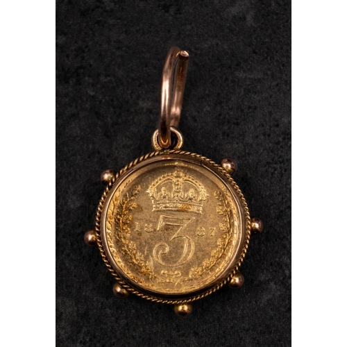 2386A - A Victorian three pence coin, dated 1887, the Jubilee year, diameter ca. 16mms, mounted as a pendant... 