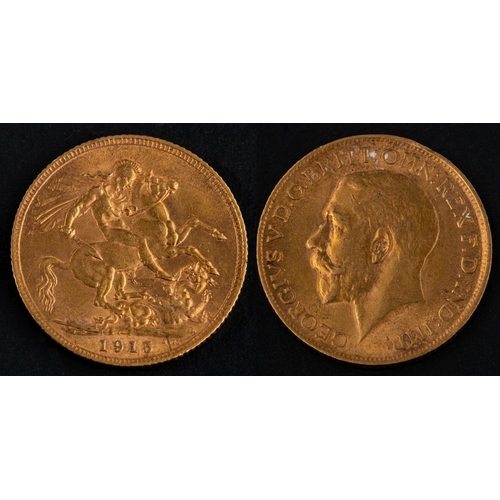 2386 - A George V gold sovereign coin, dated 1915, diameter ca. 22mms, total weight ca. 7.9gms.