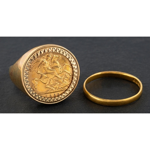 2395 - An Edward VII gold half sovereign coin, 1908, diameter ca. 19mm, mounted as a ring in 9ct gold, ring... 