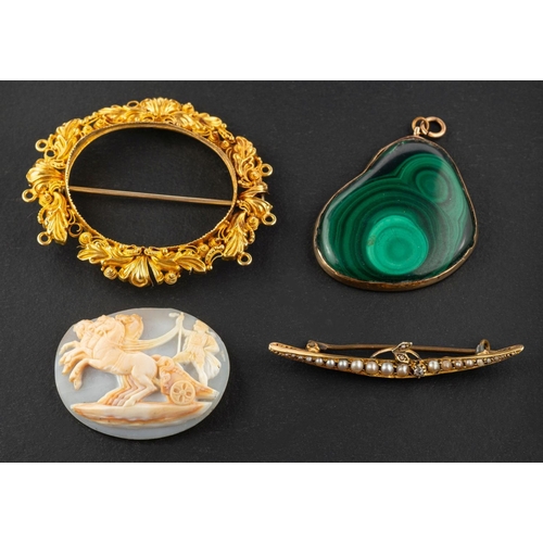 2466 - A pendant and two brooches, including an old-cut diamond and seed pearl crescent brooch, length ca. ... 