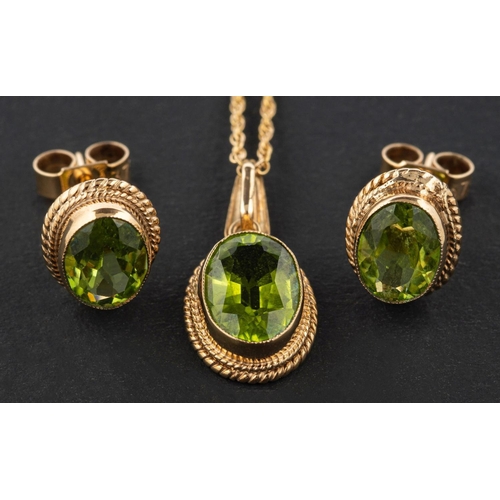 2478 - A 9ct gold, oval, mixed-cut peridot pendant and pair of ear studs, estimated weight of peridot to pe... 