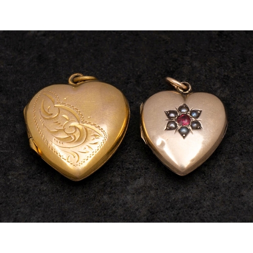 2481 - Two heart-shaped locket pendants, including one with engraved floral decoration, stamped '9CT', and ... 