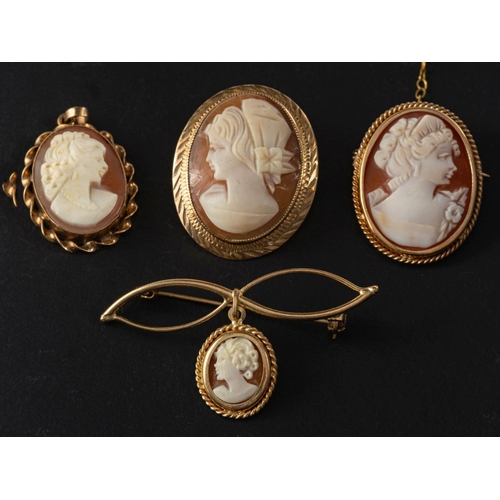 2490 - Four shell cameos depicting a lady in profile, including three brooches and a pendant, the pendant w... 