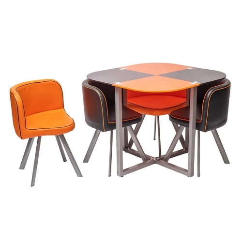 327 - A glass, metal and faux leather dining suite, modern; the orange and black chequered square table wi... 