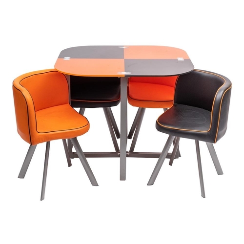 327 - A glass, metal and faux leather dining suite, modern; the orange and black chequered square table wi... 