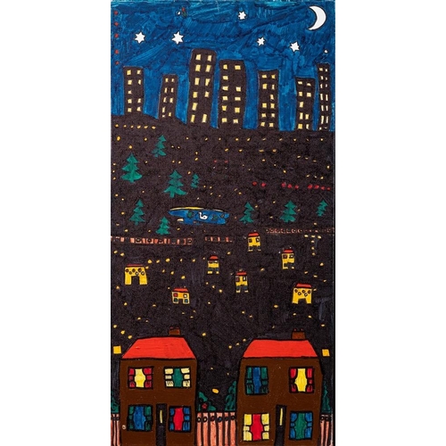 51 - Contemporary British School Cityscapes, day and night, a diptych acrylic on canvas 60 x 30cm