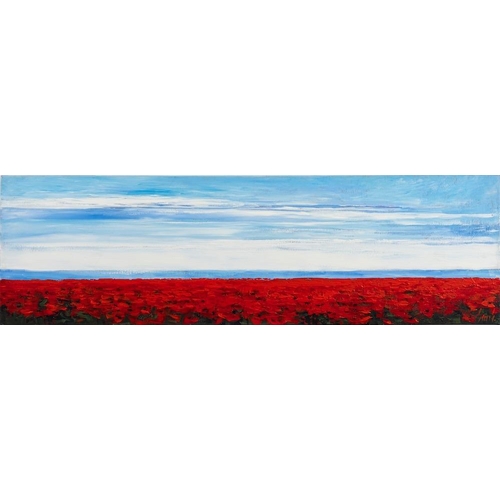 54 - *Carl Scanes [British, b. 1964] Poppy Fields, a triptych inscribed verso oil on canvas each 30 x 100... 