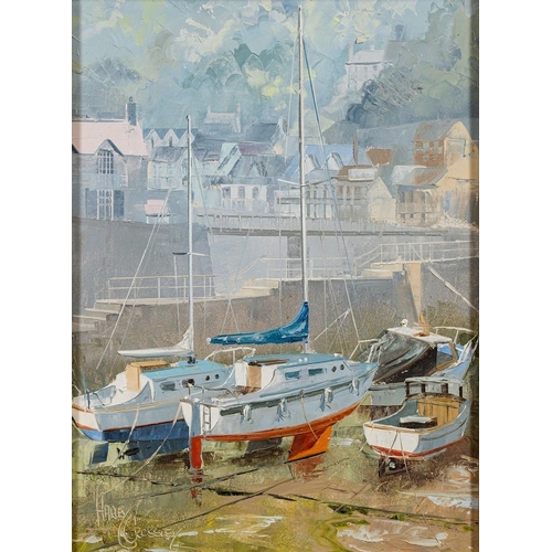 73 - * Harley Crossley [b.1936] Lynmouth Harbour a pair, both signed oils on canvas, each 38 x 28cm. [2]