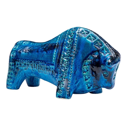 99 - Aldo Londi for Bitossi, a Rimini Blu series pottery figure of a bull standing four square with incis... 