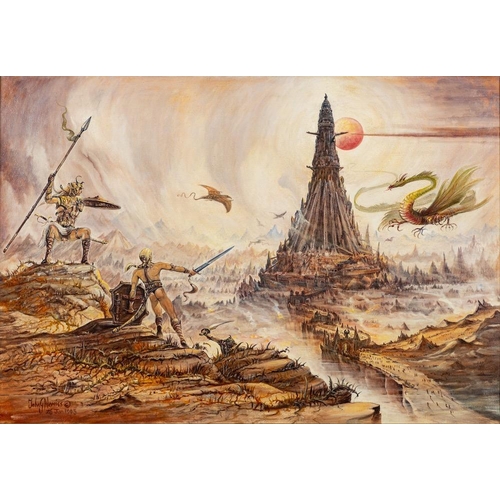 136 - John Norris (British, 20th Century School) The Fall of the Dark Tower of Mordor oil on canvas 62 x 9... 