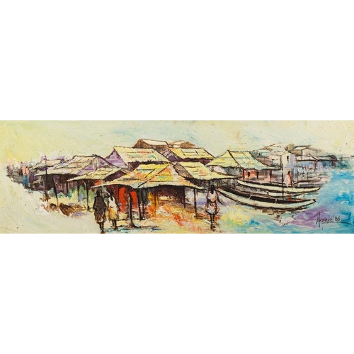 143 - * Akande [African School, Contemporary]  Boats and settlement on a river bank, signed and dated '86,... 