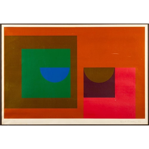 223 - *Bob Crossley [1912-2010] Squares and half-circles on a burnt-orange ground signed and dated 69 to l... 