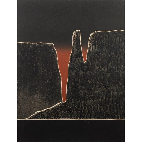 230 - Contemporary School An abstract canyon landscape, red and black; a triptych indistinctly signed Lytt... 