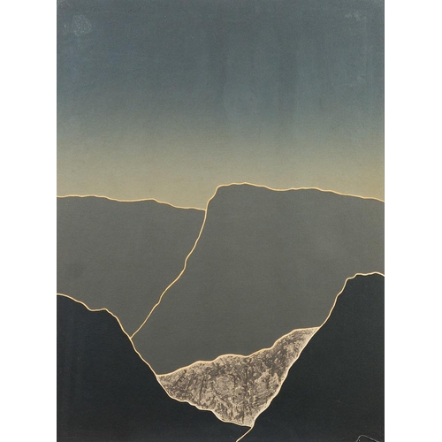 231 - Contemporary School An abstract mountain landscape, grey and blue; a triptych indistinctly signed Ly... 