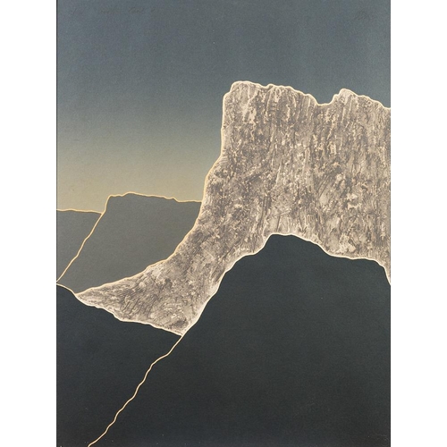 231 - Contemporary School An abstract mountain landscape, grey and blue; a triptych indistinctly signed Ly... 