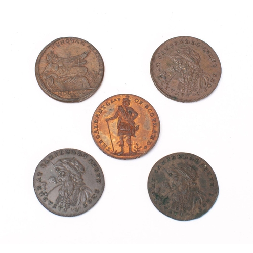 740 - Two 1791 'Let Glasgow Flourish' tokens, a Dunkirke factory tokens and  two Edinburgh snuff shop toke... 