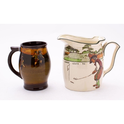 29 - A Royal Doulton Kingsware Golfing  jug after Chas Crombie: decorated with a man in green waistcoat a... 