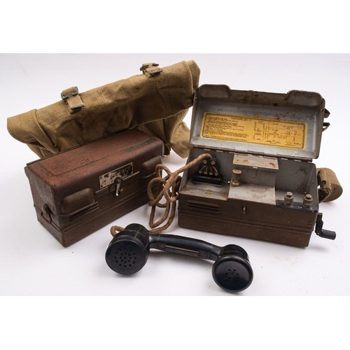 362 - A pair of field Telephone Set 'L' telephones  together with a WWII period canvas bag date stamped 'K... 