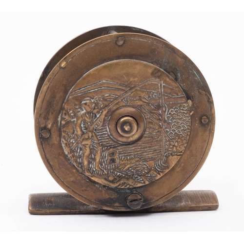 576 - An early 20th century 2 1/4 inch brass three bar fly reel, maker J B Moscrop, Manchester: single ebo... 