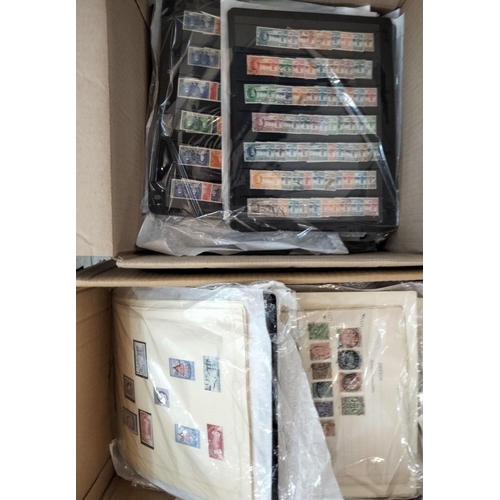 634 - Two boxes of stamps on stock sheets and album pages,  including GB, British Commonwealth.