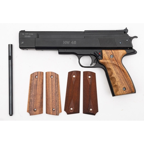 121 - A Weihrauch Sport HW 45 .177 calibre air pistol,  signed as per title to black finish with two piece... 