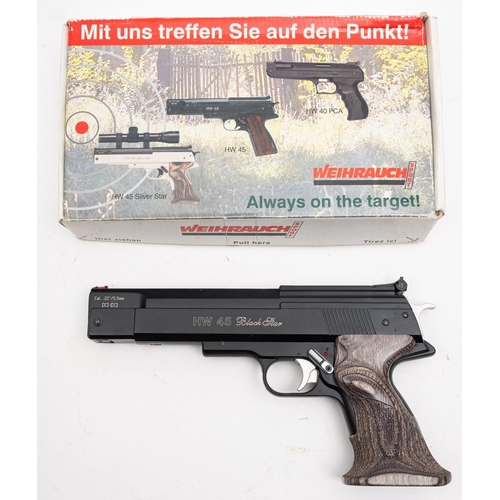 134 - A Weihrauch HW 45 Black Star .22 calibre air pistol serial number '412480', black frame with two pie... 