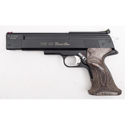 134 - A Weihrauch HW 45 Black Star .22 calibre air pistol serial number '412480', black frame with two pie... 