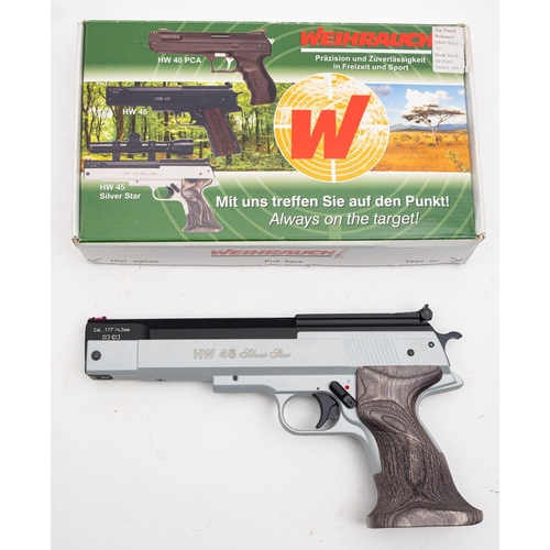 135 - A Weihrauch HW 45 Silver Star .177 calibre air pistol serial number '424388', silver frame with two ... 