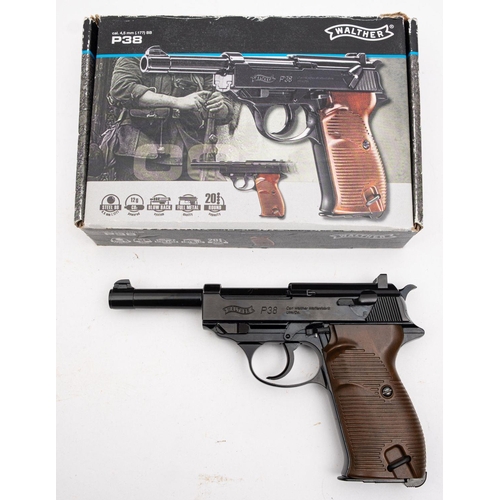 136 - An Umarex  Walther P38 .177 calibre CO2 BB air pistol serial number '14A57337, black frame with brow... 